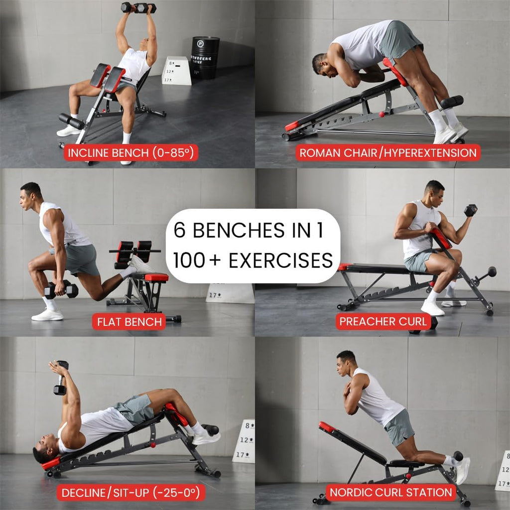 Multi-Functional FID Weight Bench for Comprehensive Body Workout - Hyper Back Extension, Roman Chair, Adjustable Ab Sit-Up, Incline/Decline, and Flat Bench