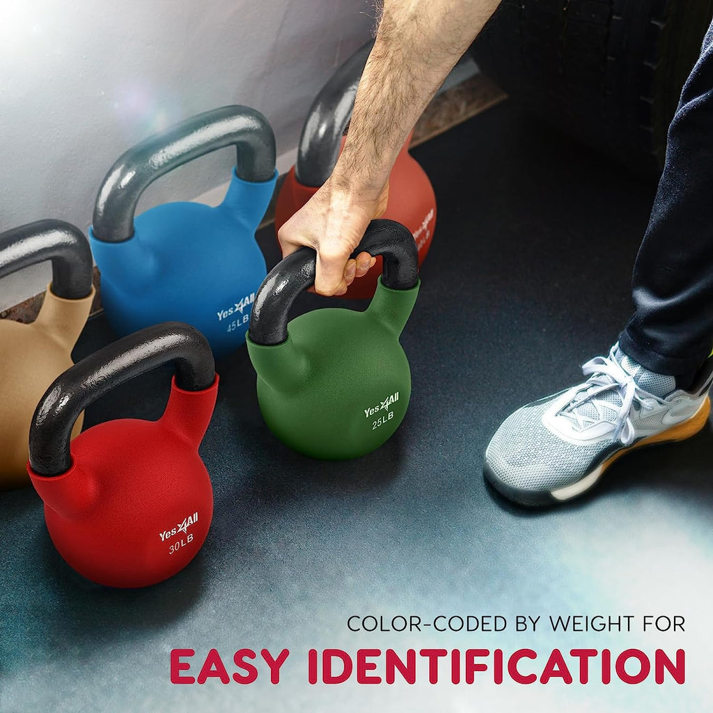 Kettlebell, 5-65 LB Neoprene Coated Cast Iron Kettlebells, Wide Grip Handle & Flat Bottom for Swings, Squats, Deadlifts, Push Ups & Full Body Training at Home Gym - Single & Set