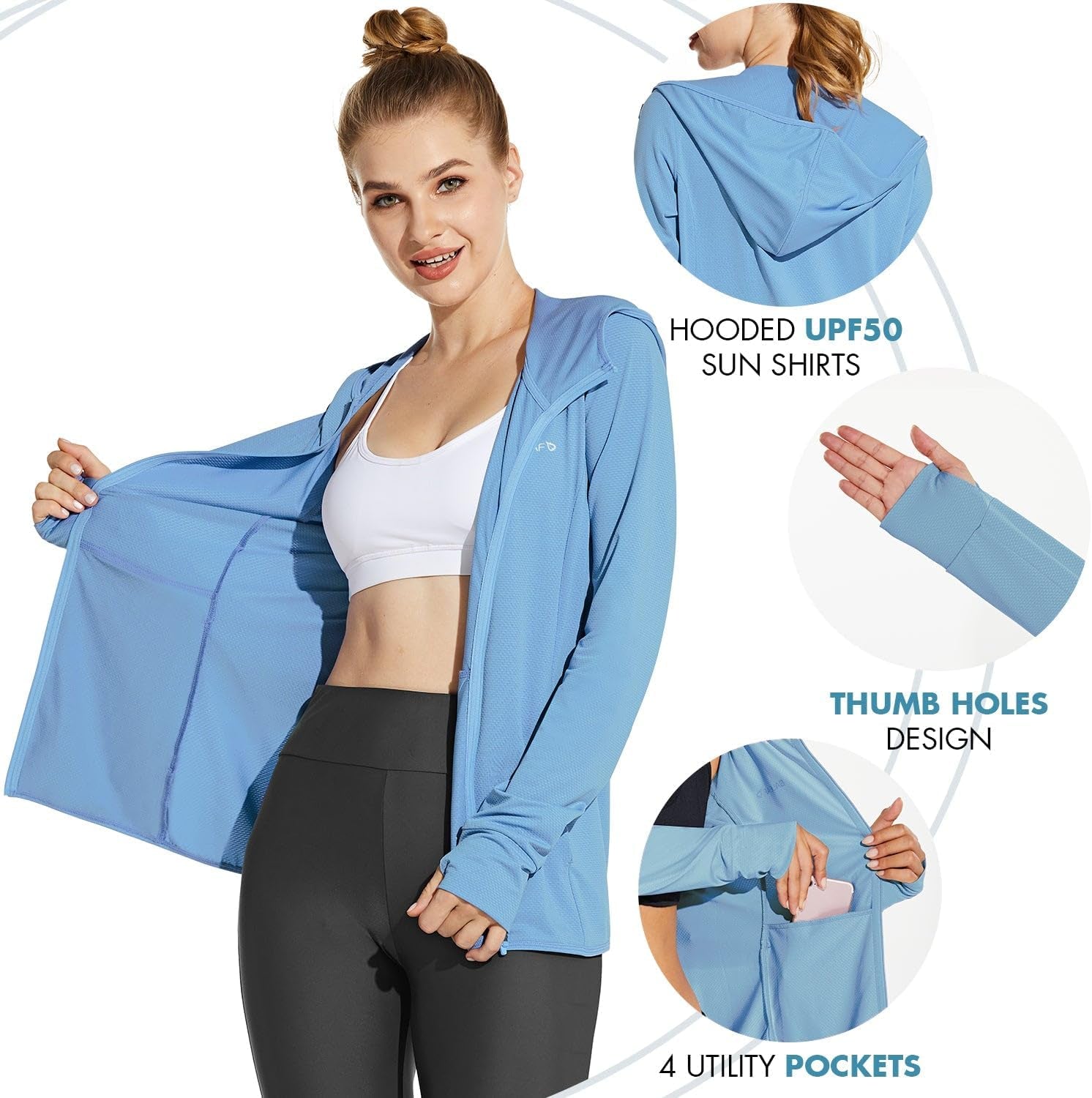 Women's UPF 50+ Sun Protection Hooded Jacket - Cooling Performance Shirt with Pockets for Outdoor Hiking
