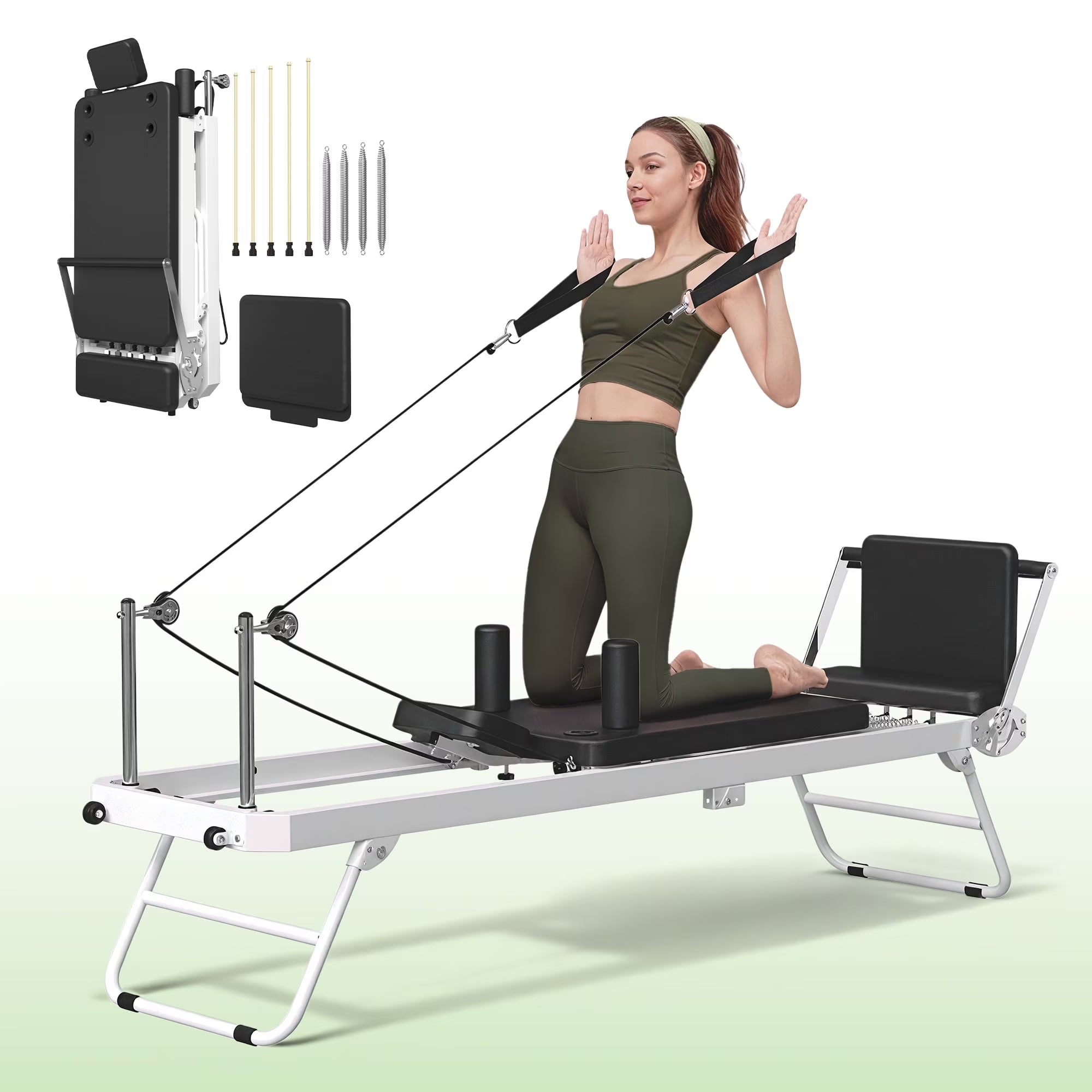 Foldable Pilates Reformer, Pilates Machine for Home Use, with Dual Resistance- Springs and Cords, Pilates Equipment for Home Workouts with Jump Board, up to 400 LBS